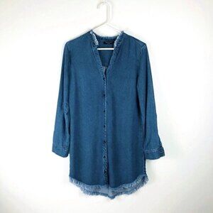 Maven West Denim Chambray Dress Tunic Frayed Hem S